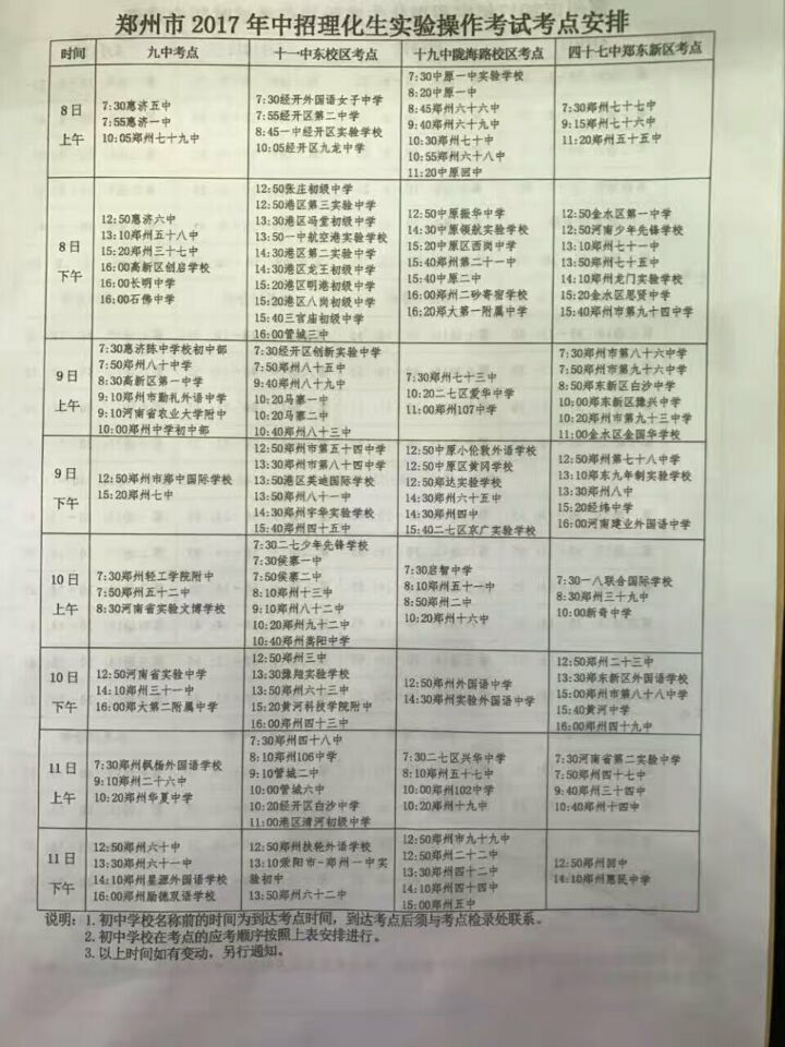 郑州市2017年中招理化生实验操作考试考点安排
