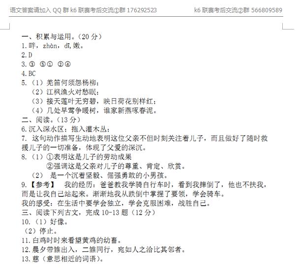 2016年郑州小升初K6联赛语文答案