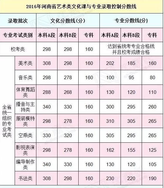 2016年艺考生文化课分数线